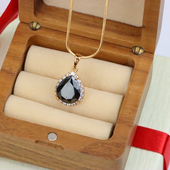 "Teardrop Black Pendant with White Crystal Border in Rose Gold Finish, XPPT1614 - Picture 7 of 13